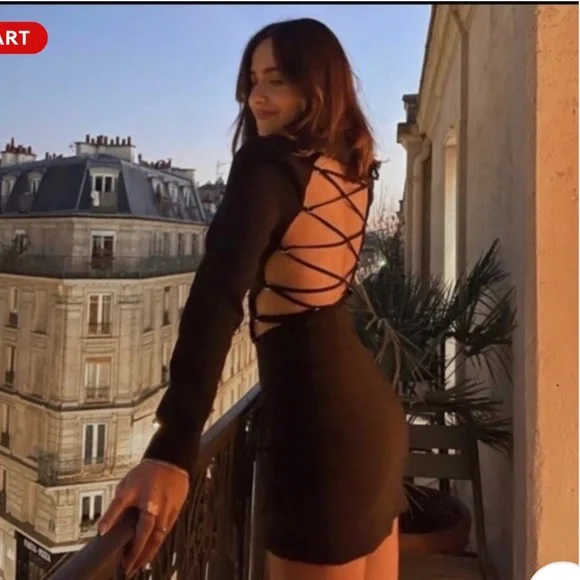 ZARA NWT Black Open Back Tall length Lace Up Strappy Long Sleeve Mini Dress - Picture 1 of 11